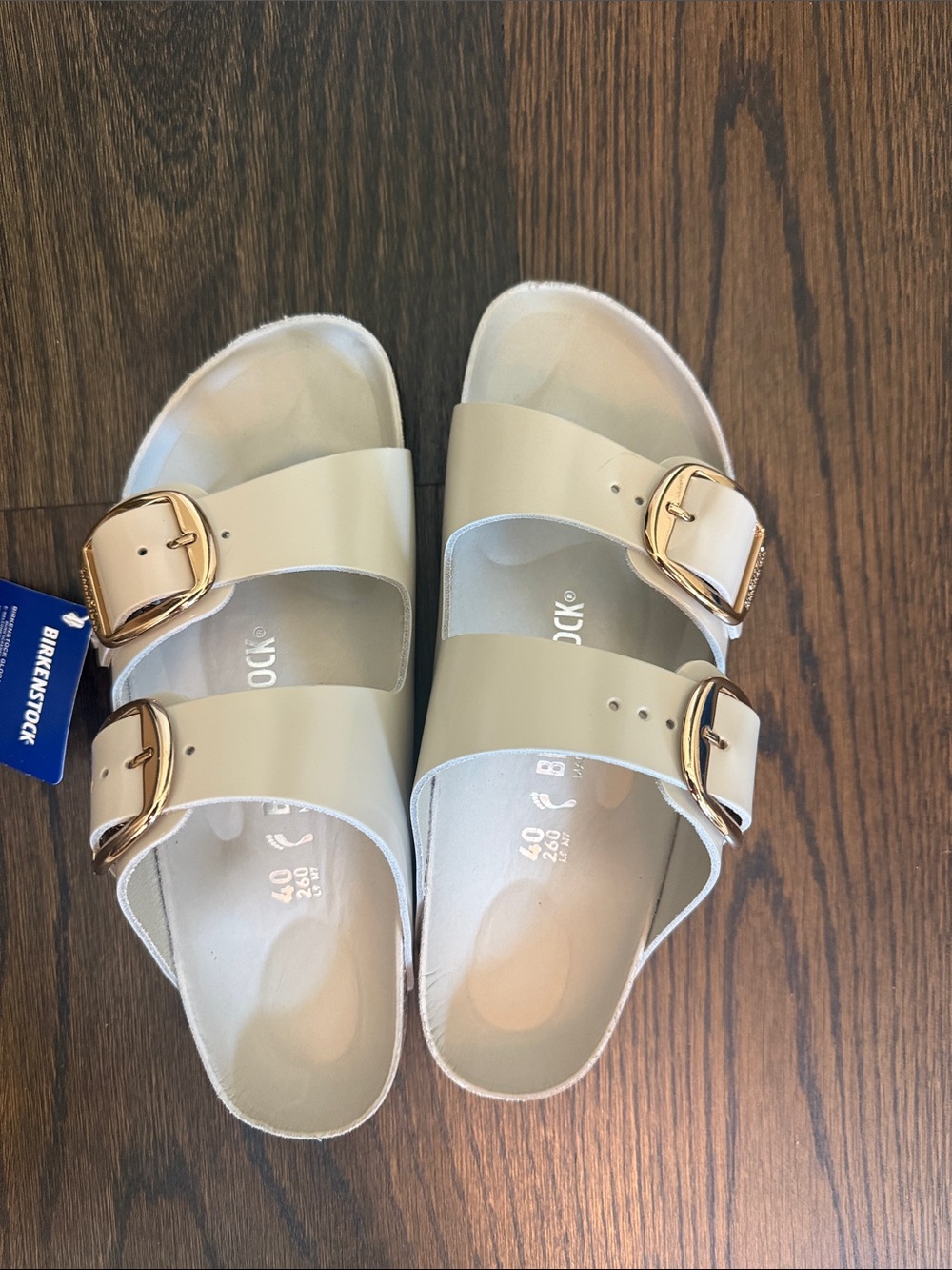 Birkenstock Two-Strap Sandals in Cream with Gold Buckles